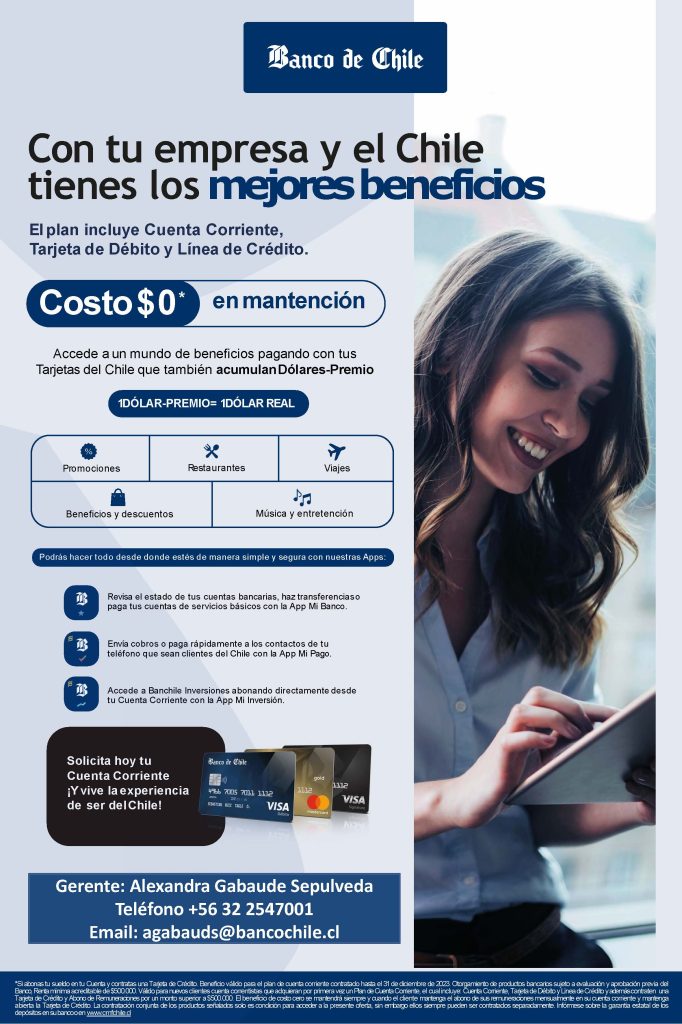 Afiche convenio Banco de Chile. Costo mantención 0, incluye cuenta corriente, tarjeta de débito y línea de crédito.